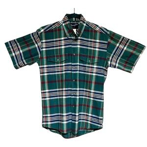Wrangler Men’s Vintage Green Plaid Short Sleeve Button Down Shirt Size Medium